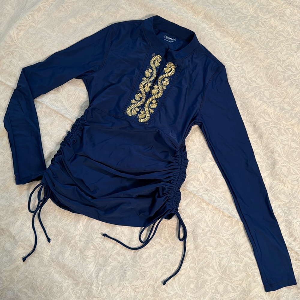 Cabanalife Navy Embroidered Convertible Ruched Rashguard, Size Small